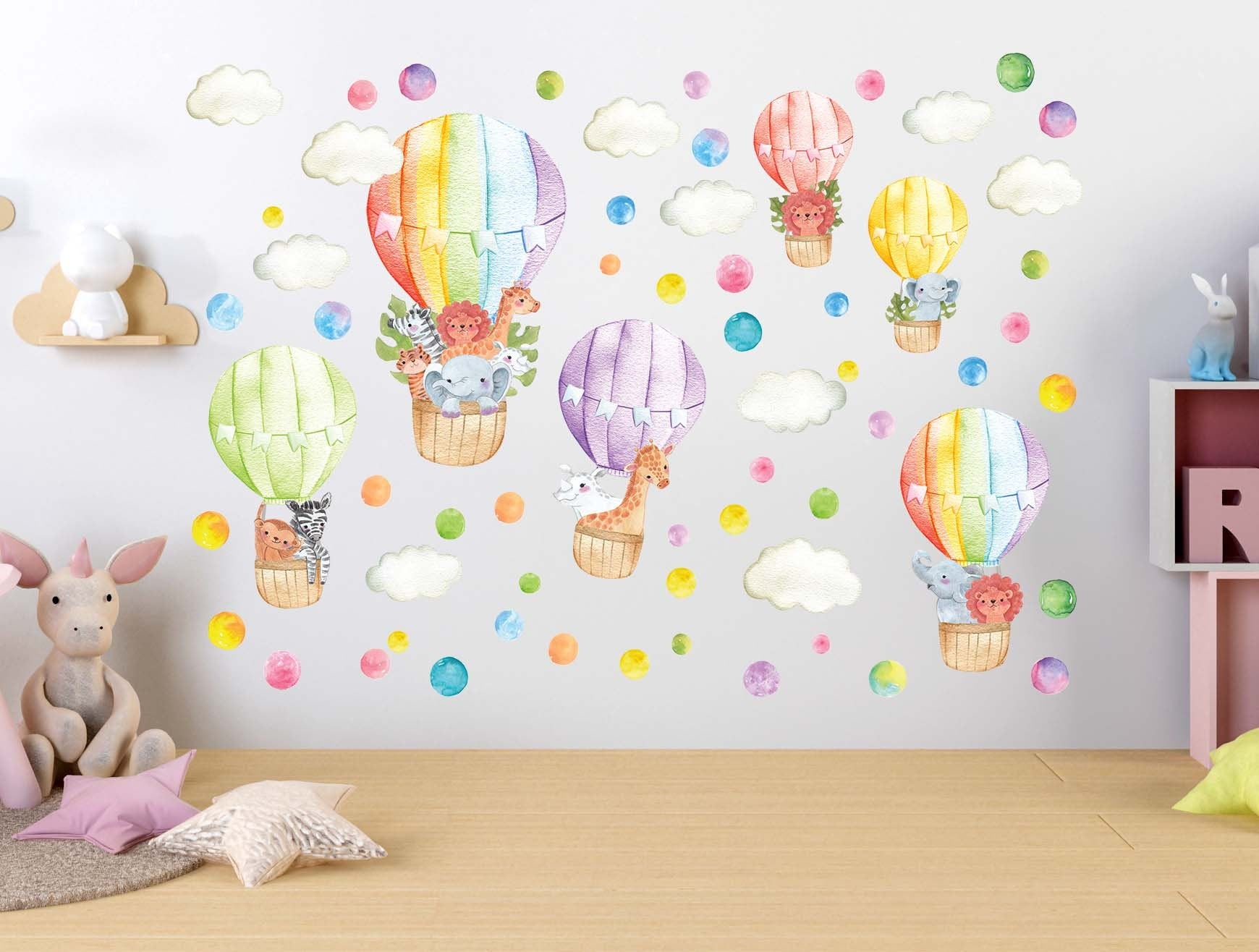 Rainbow Hot Air Balloons Wall Decals Safari Animals Cloud polka