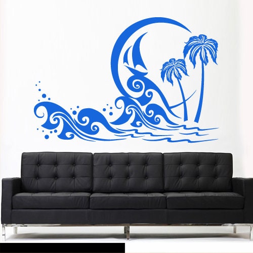 Palm Wall Decal Beach themed Sticker Waves  rvz1341