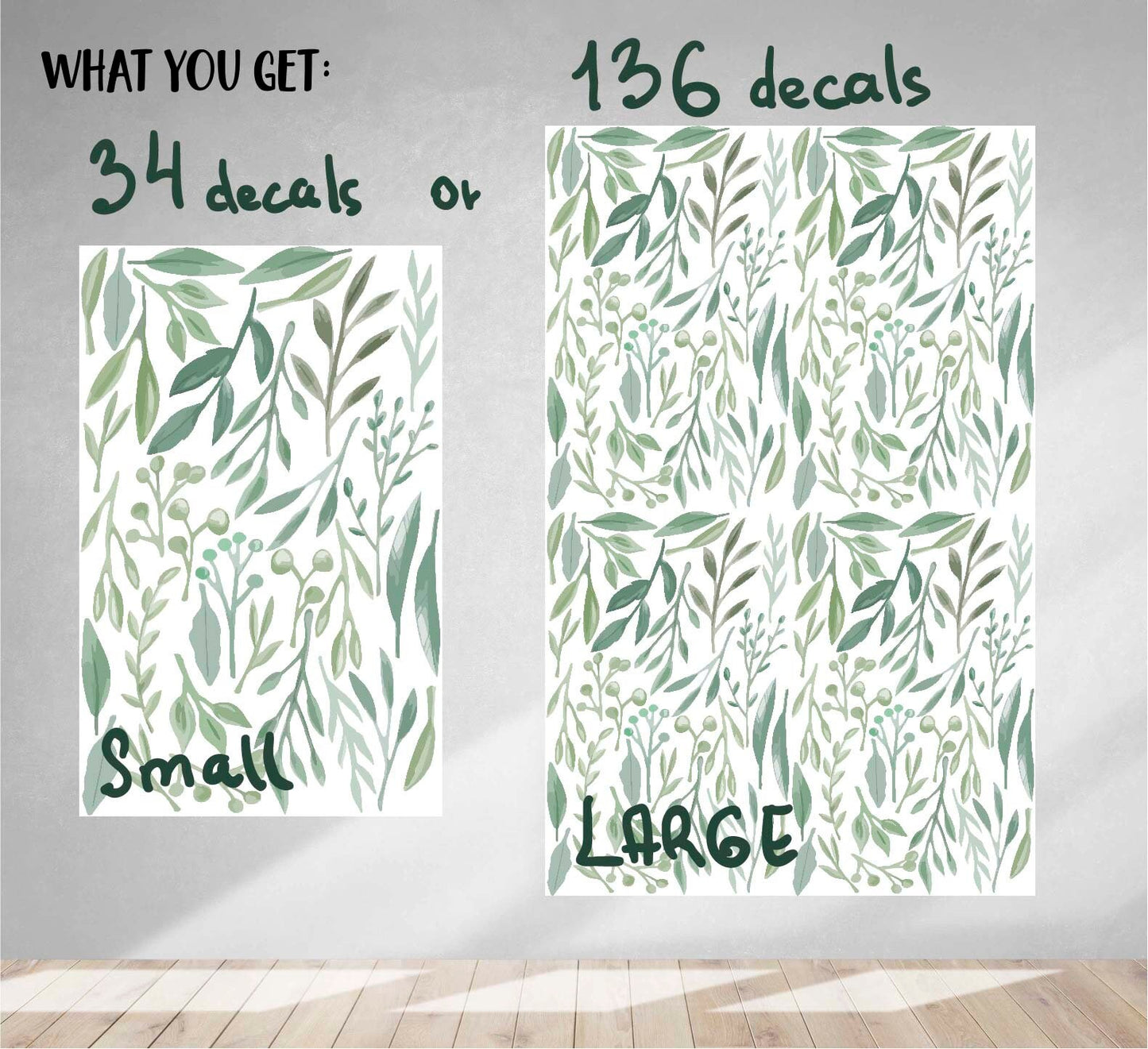 Greenery Wall Decals Watercolor Sticker Green Nursery Leaves Room Decoration Large Leaf, LF002