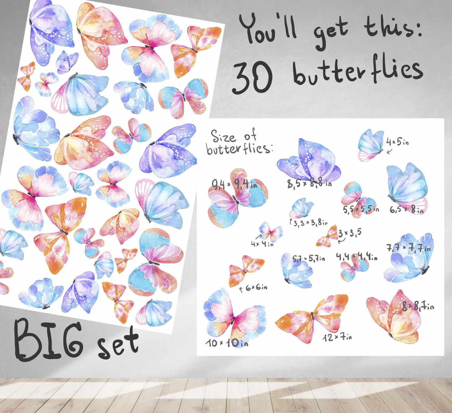 Butterfly Wall Decal Stickers Watercolor Nursery girls pink room, LF015