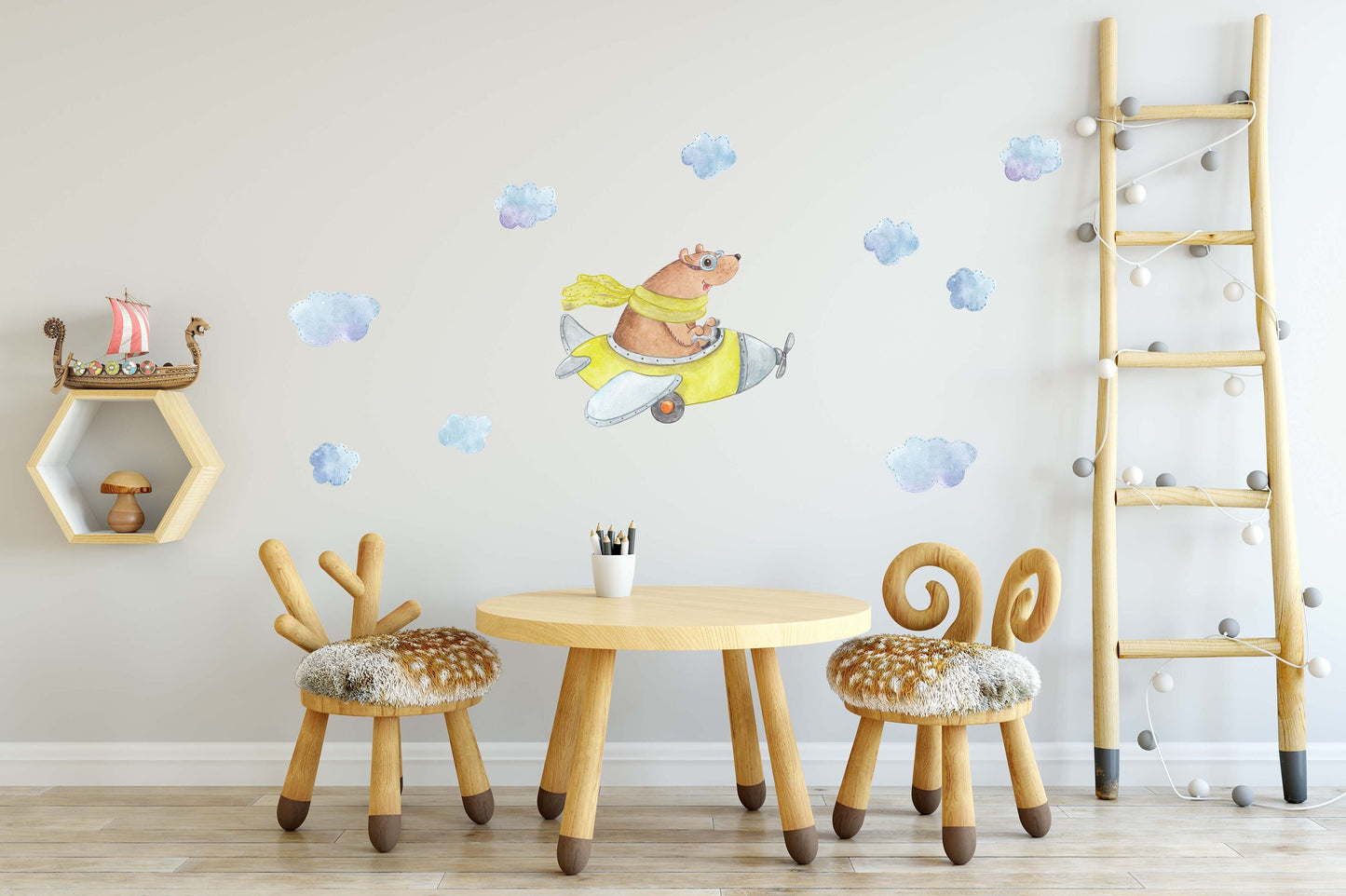 Bear Decals Airplane Wall Decor Fabric Nursery Toddler Room Animal Stickers, LF029