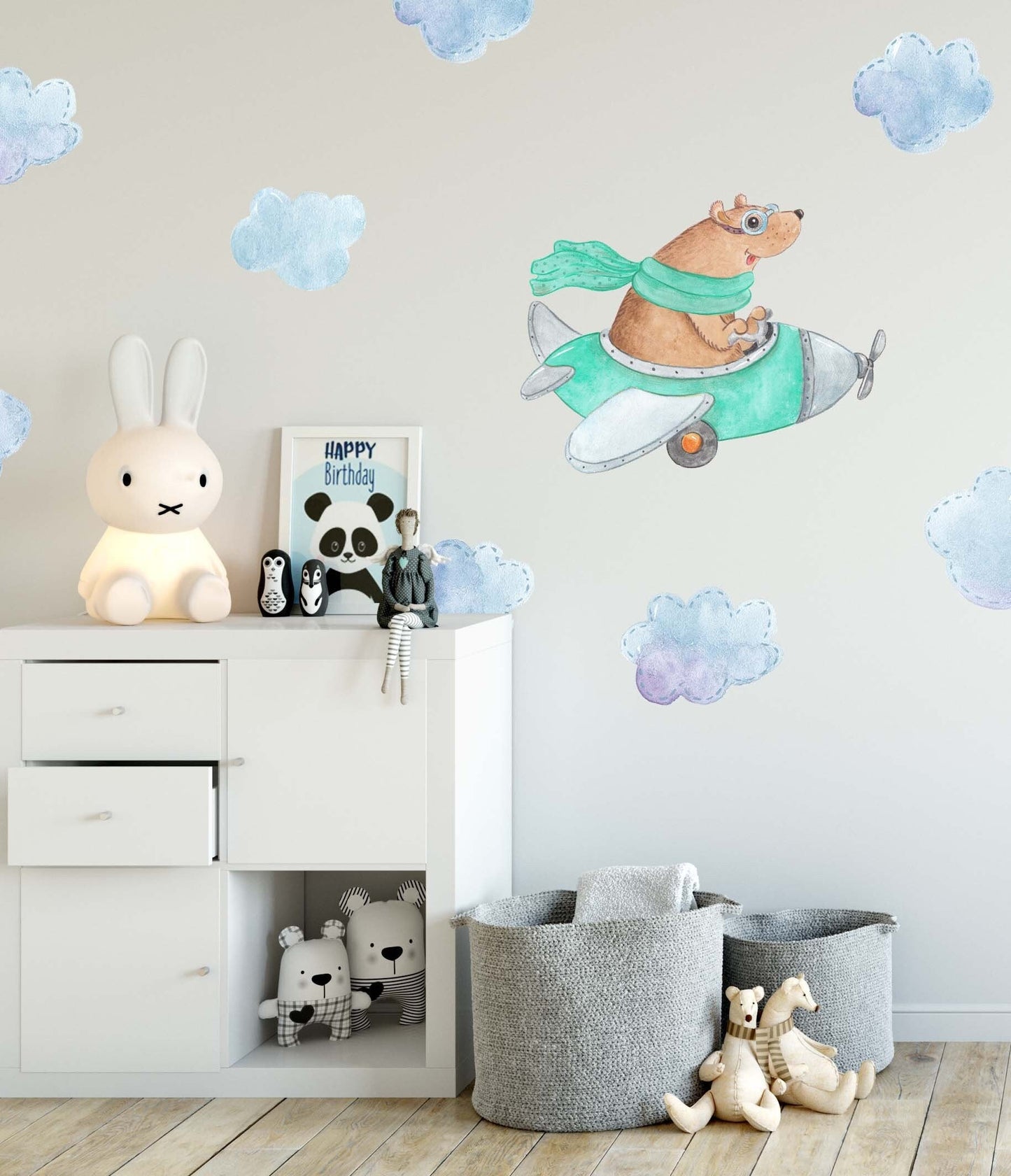 Bear Decals Airplane Wall Decor Fabric Nursery Toddler Room Animal Stickers, LF029
