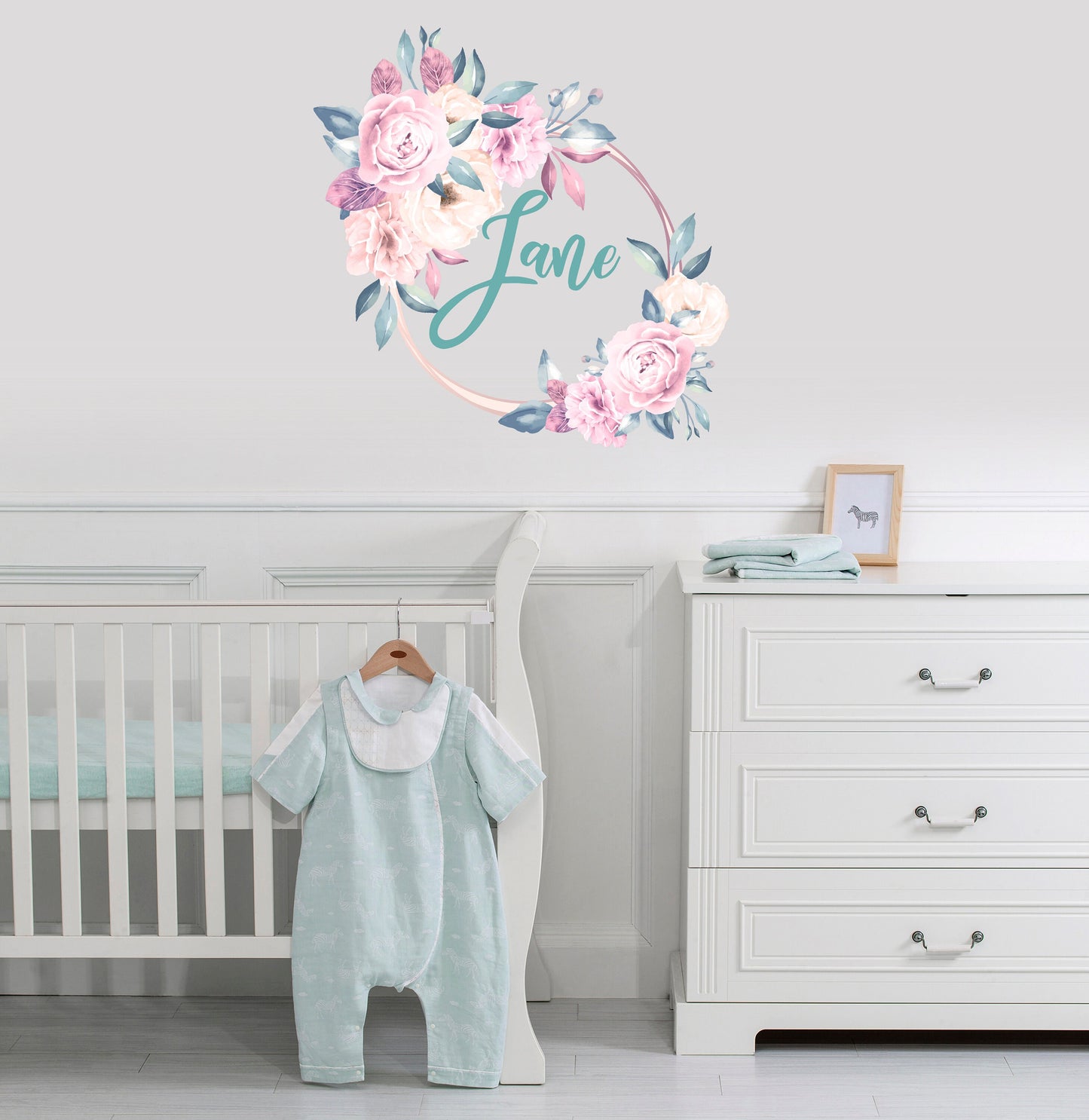 Peony Custom Name Wall Decals Floral Frame Stickers Nursery Girl Room Baby, LF031
