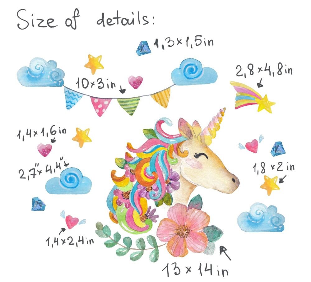Unicorn decal Watercolor nursery girls room stickers, Rainbow Decor, ILF049