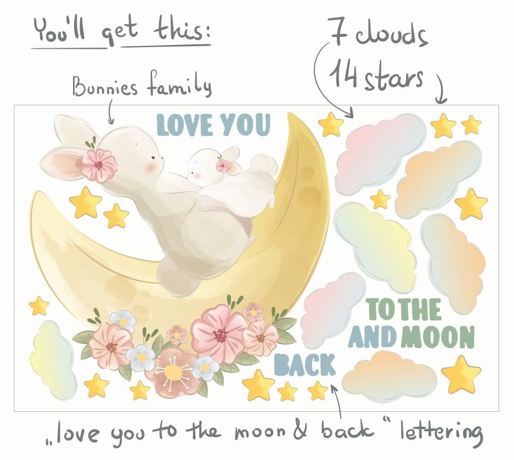 Bunny Decals Family Mom Baby Moon Clouds Love You To The Moon And Back, Stars Stickers Girls room, LF59