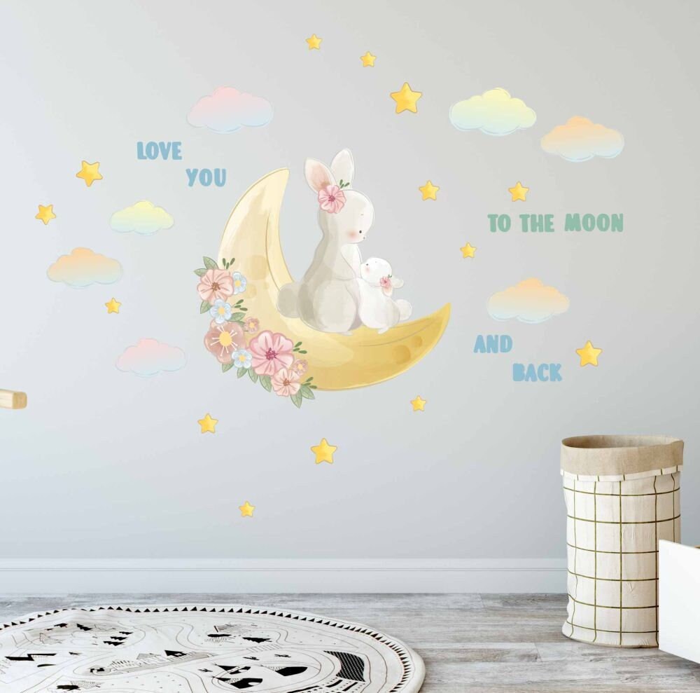Bunny Decals Family Mom Baby Moon Clouds Love You To The Moon And Back, Stars Stickers Girls room, LF59
