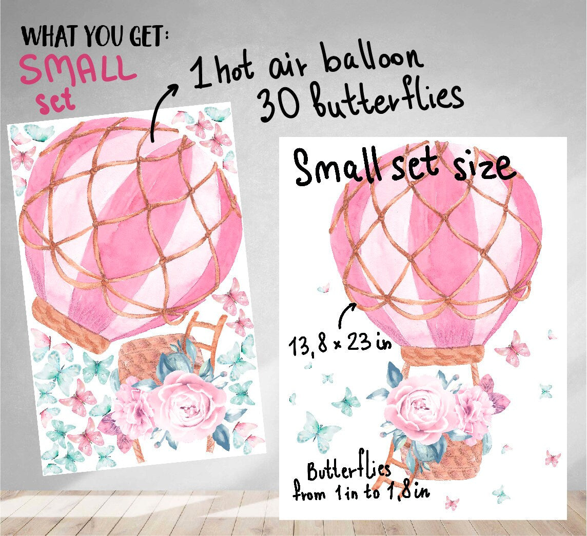 Hot Air Balloon Wall Decal Watercolor Peony Flowers Butterfly Stickers, LF60