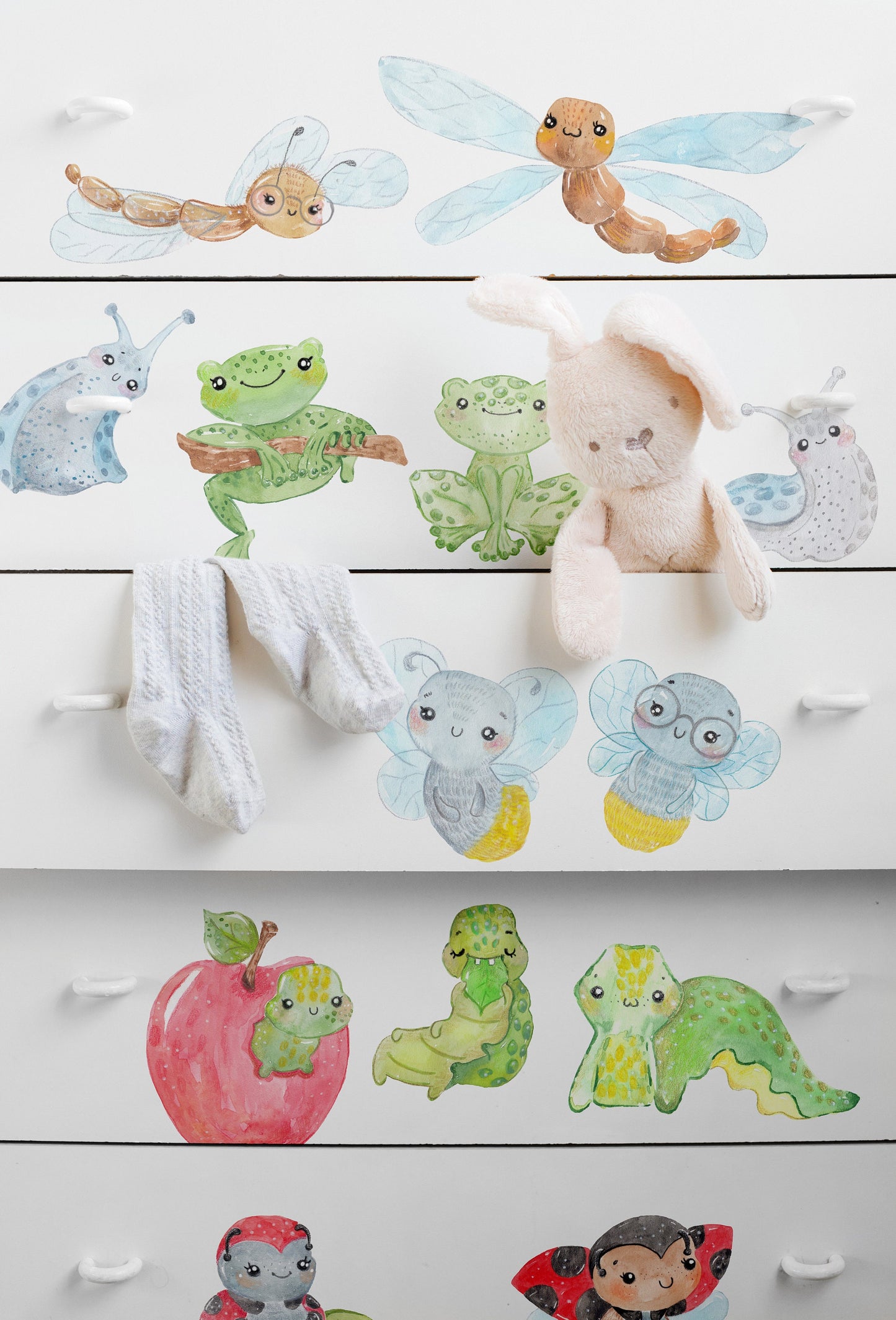 Bugs Wall Decals Butterfly Dragonfly Slug Snail Firefly Frog Bee Caterpillar Mushroom Watercolour Room Stickers, LF097