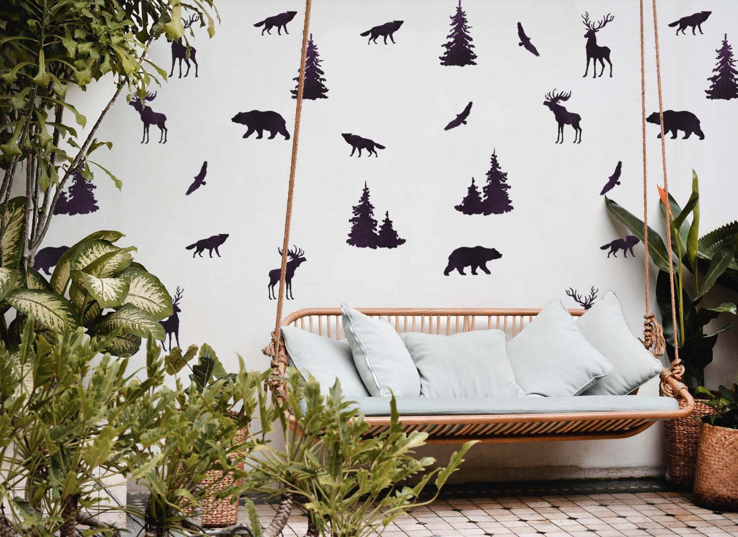 Woodland Forest Animals Wall Decals  Stickers Bear Deer Wolf Pine Tree, LF184