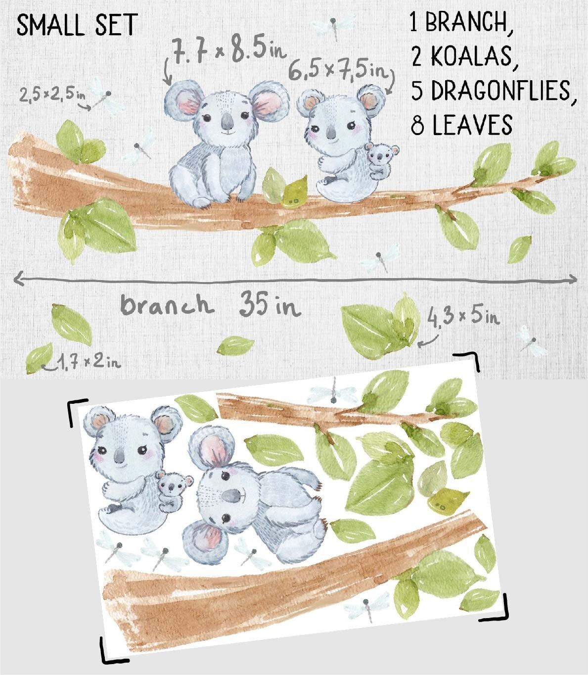 Koalas wall decals tree greenery leaves stickers Australian animals, LF197