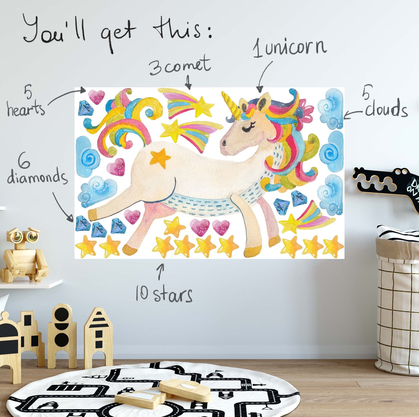 Unicorn decal Watercolor wall Sticker Horse Stars Rainbow, LF201
