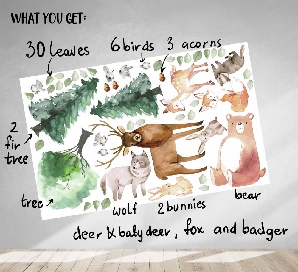 Forest Animals Trees Pines Wall Decals Woodland Nursery Stickers Kids Room Decor Deer Bear, LF005