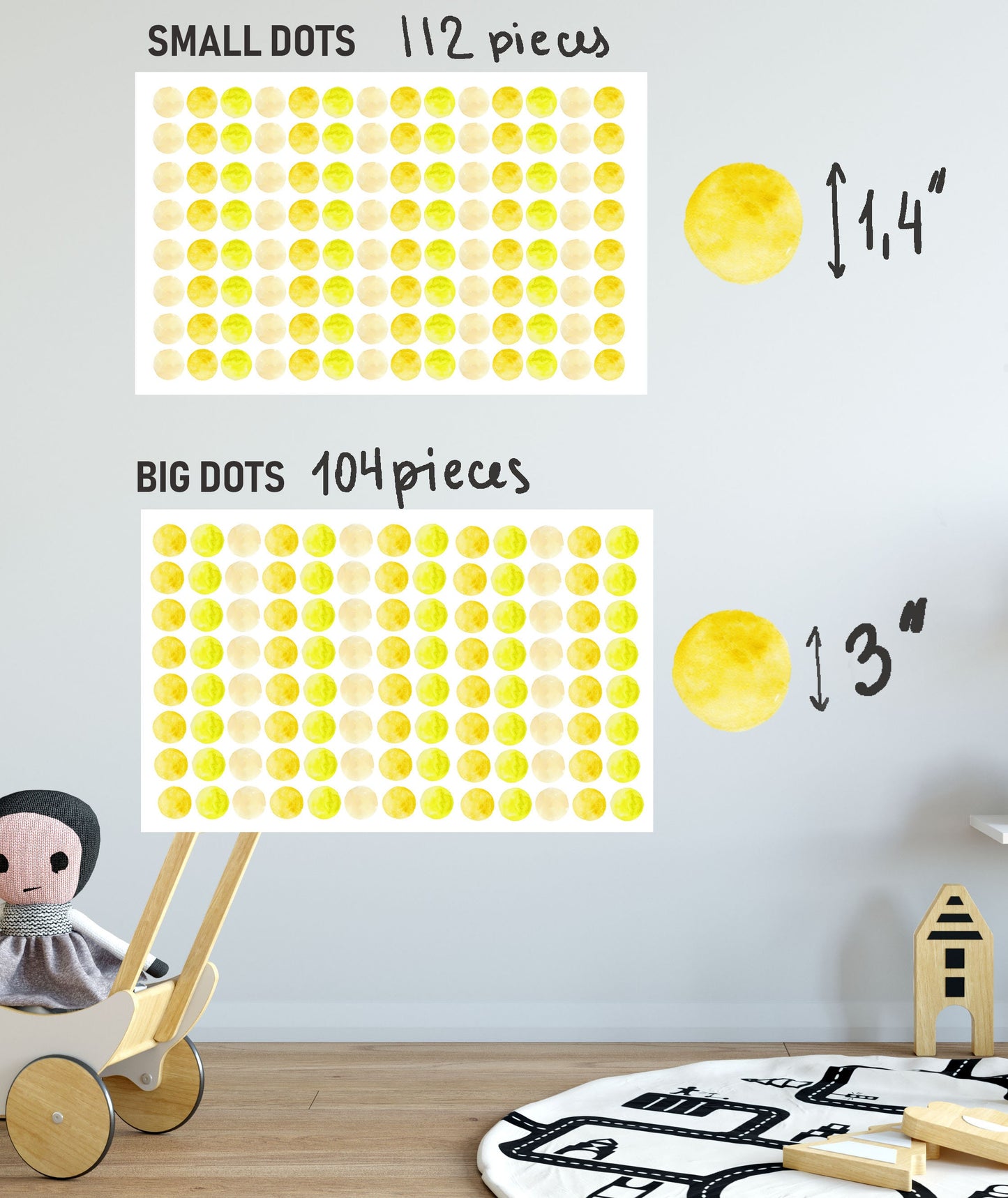 Sun Wall Decals Stickers Polka Dots Yellow Watercolor, LF019