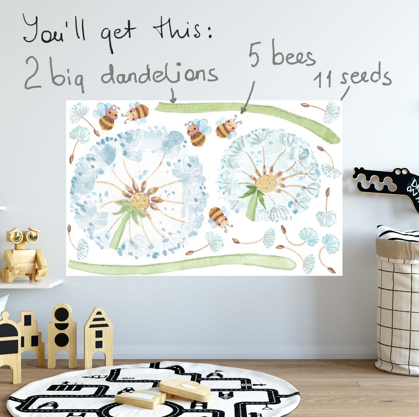 Fabric Wall Decal Dandelion Nursery Watercolour Kids Room Decor Bee, LF027