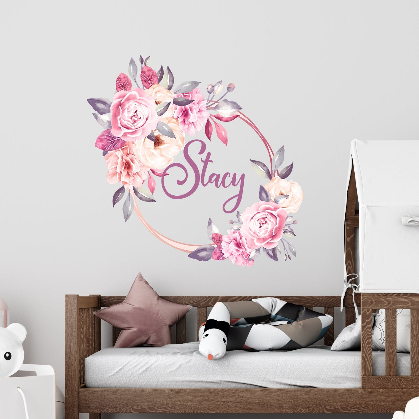 Peony Custom Name Wall Decals Floral Frame Stickers Nursery Girl Room Baby, LF031