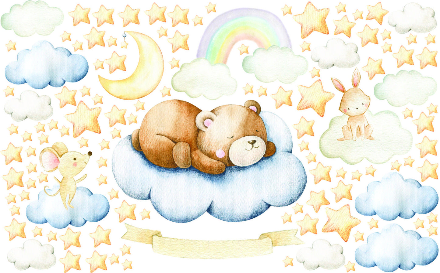 Bear wall sticker Sleeping Animal Decal Stars Moon Clouds Woodland night sky Custom Name, LF037