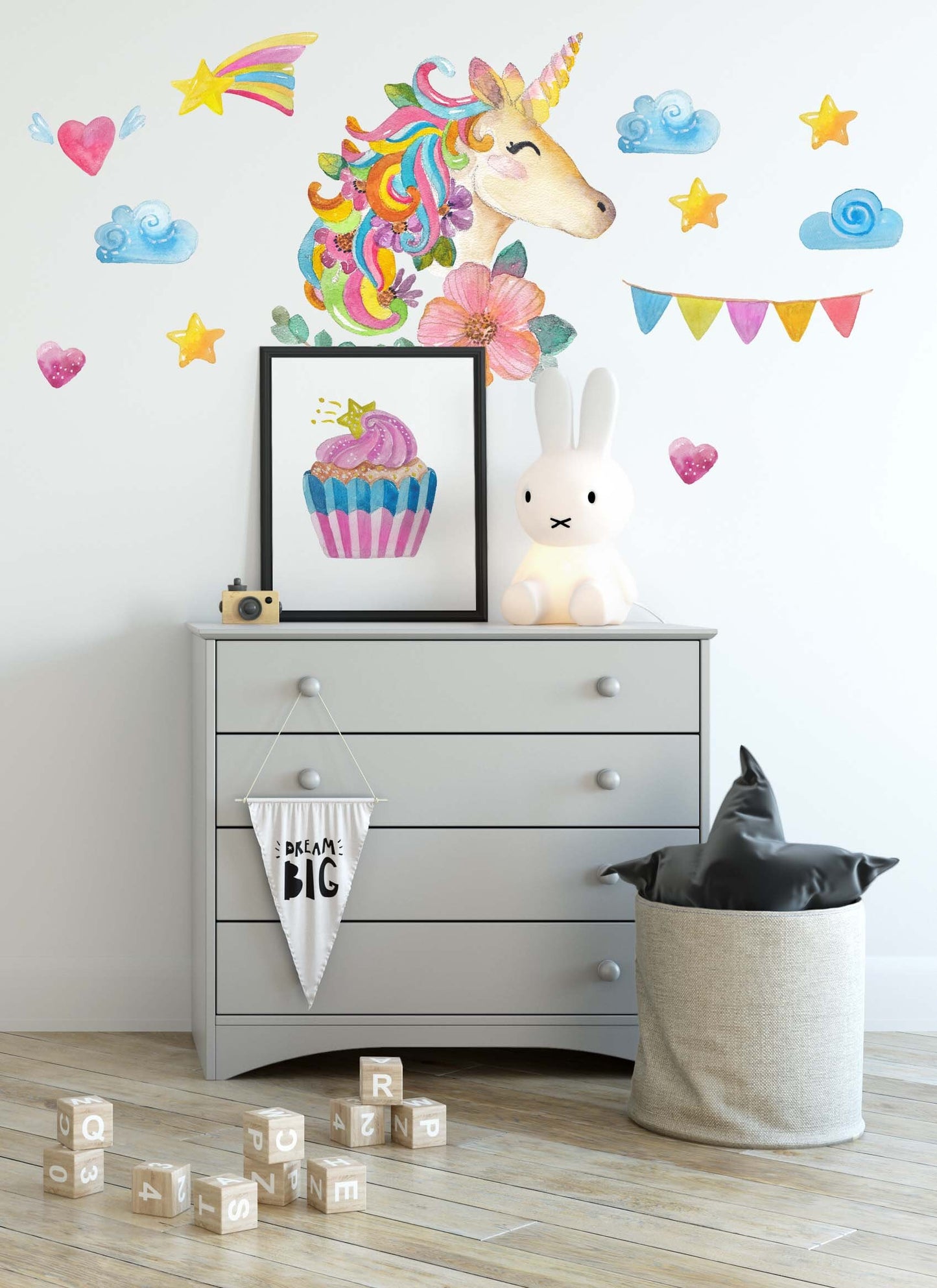 Unicorn decal Watercolor nursery girls room stickers, Rainbow Decor, ILF049