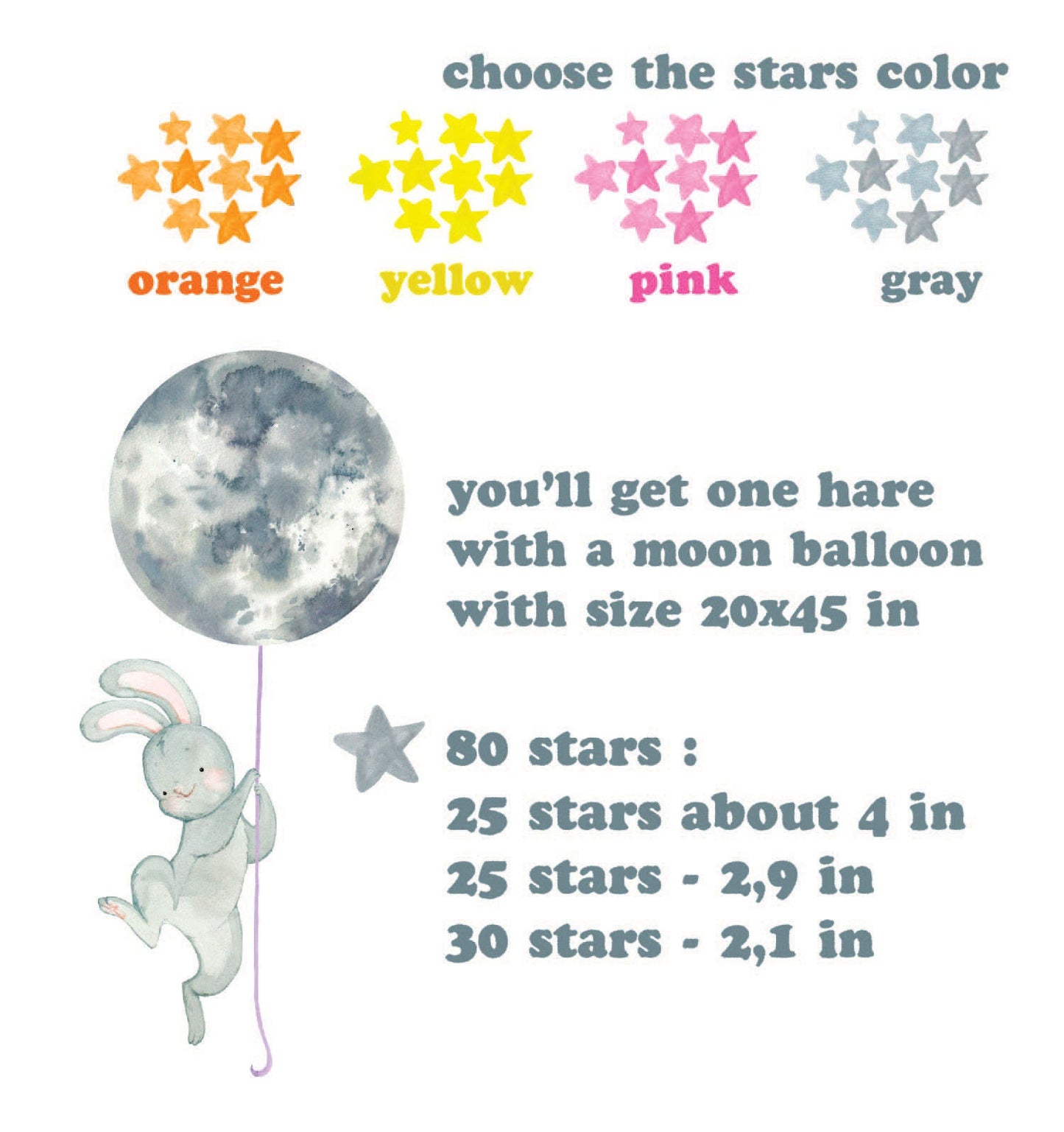 Bunny Wall Decals Moon Stars Stickers, LF062