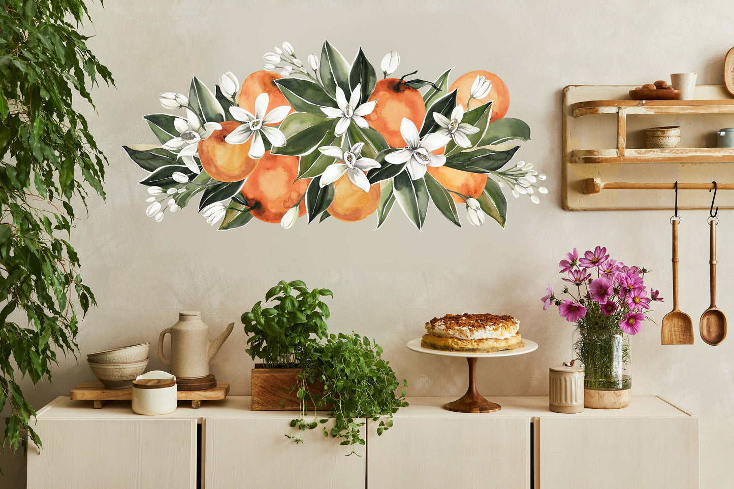 Flowers Leaves Wall Decals Oranges Greenery Stickers, LF116