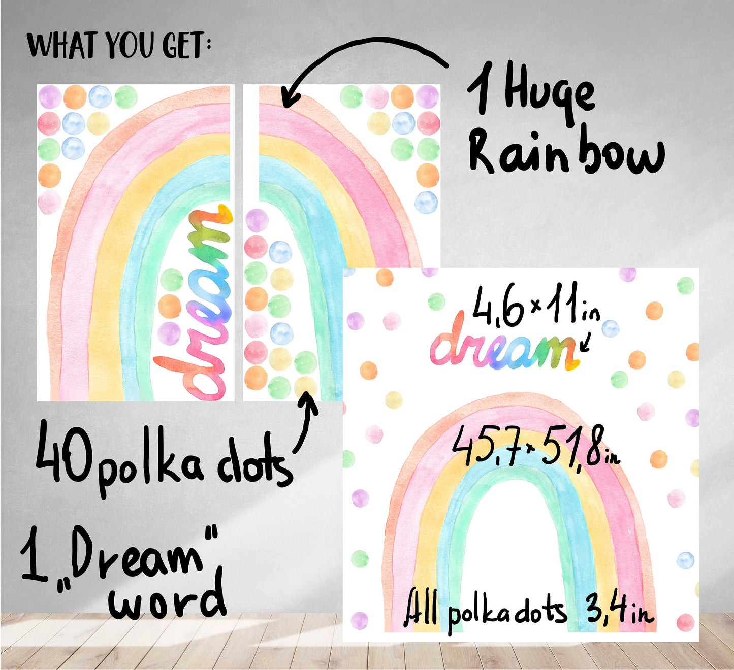 Rainbow Watercolor Decals Color Dream Sticker Polka Dots, LF119