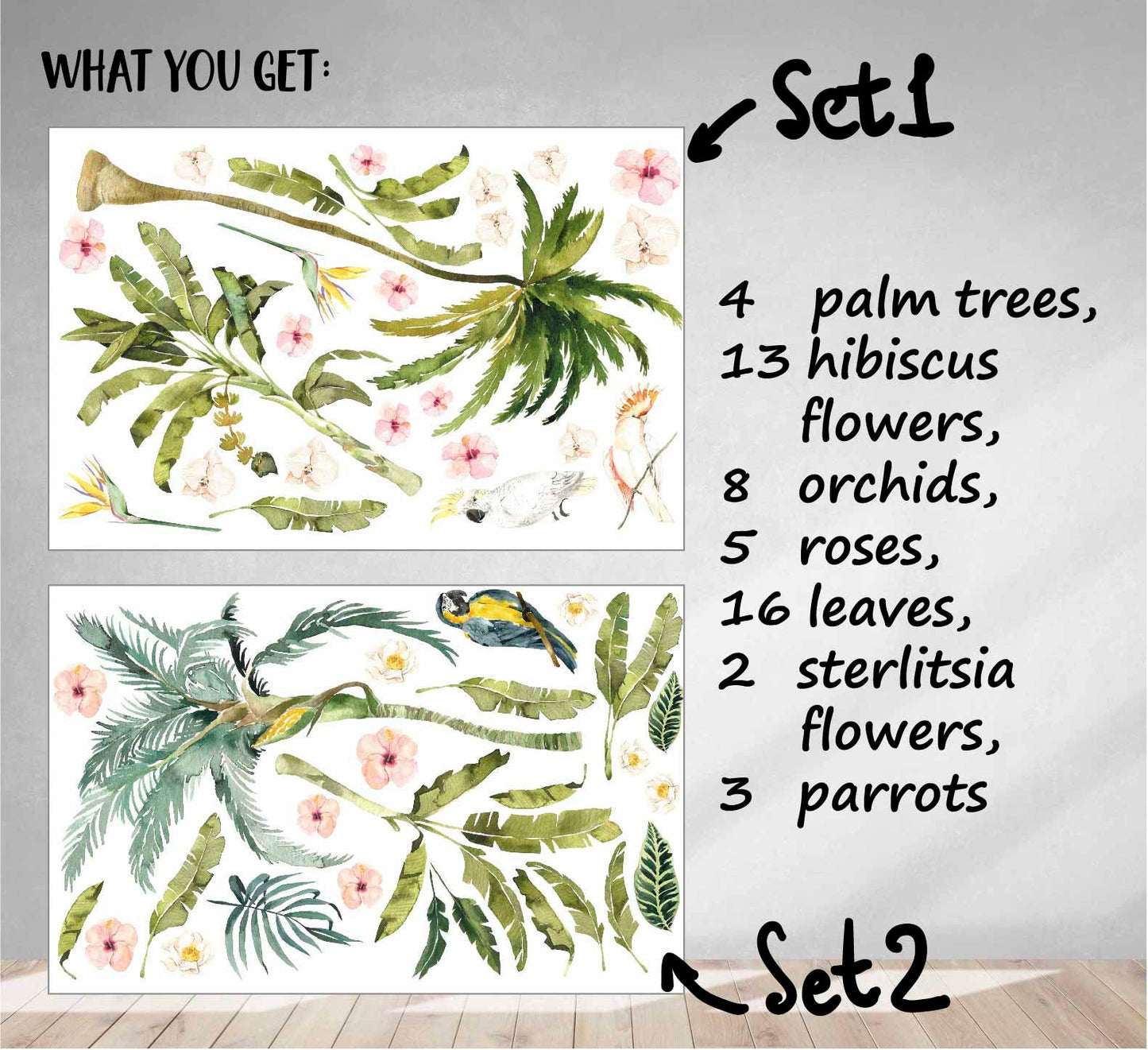 Palm Tree Wall Decals Tropical Leaves Banana Leaf Parrot Greenery Stickers, LF121