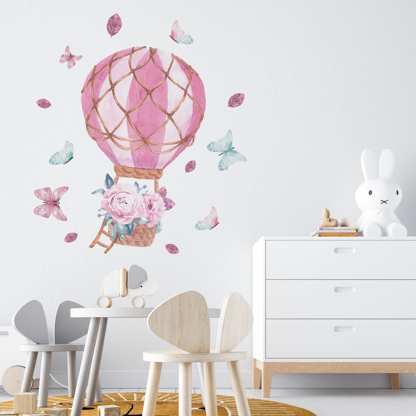 Hot Air Balloon Wall Decal Flowers Stickers Peony Green Leaves,Butterfly, LF175