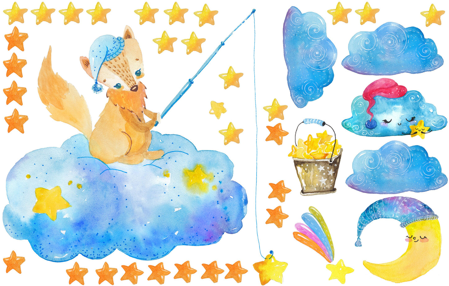 Fox Decals, Moon Stars Stickers Nursery Decoration Forest Animal Clouds, Stars, LF176