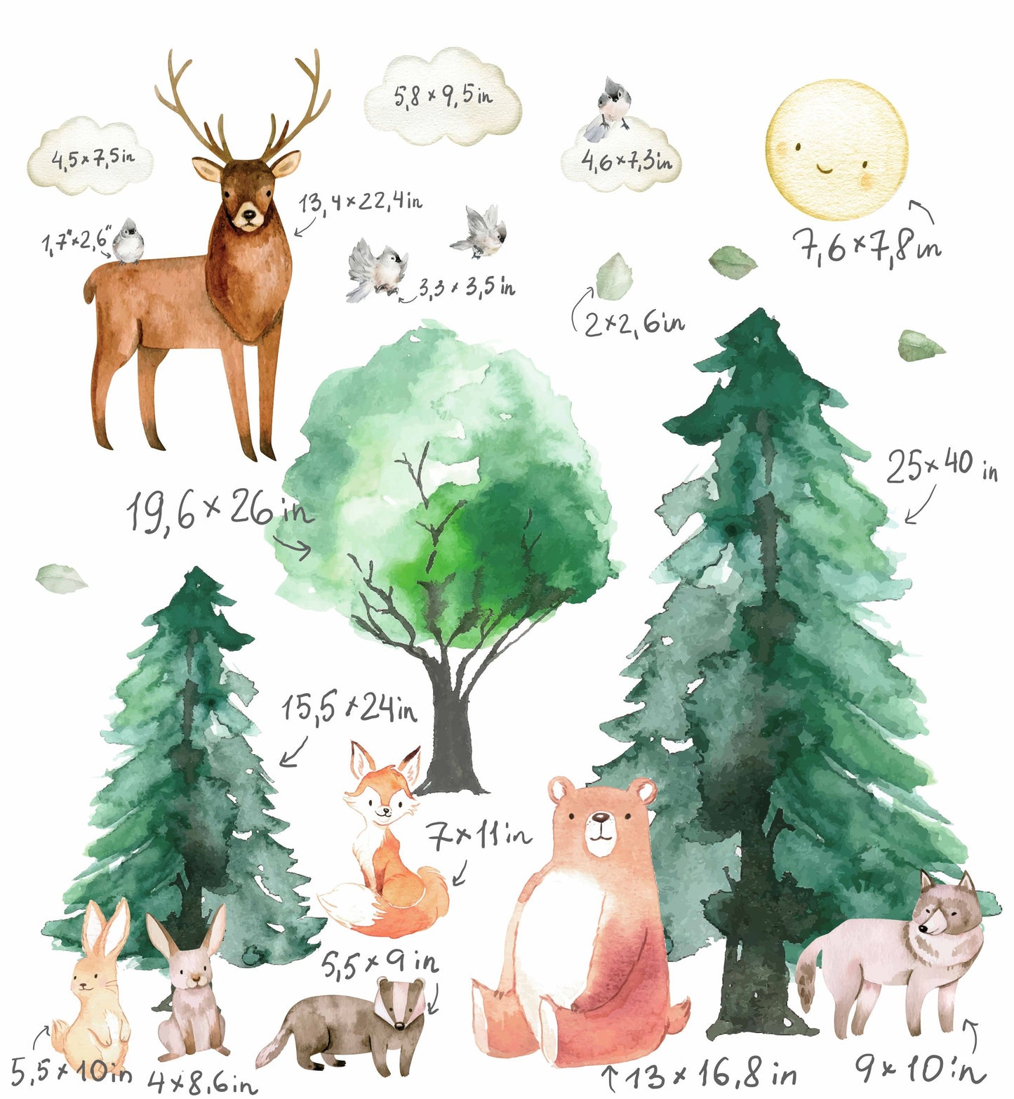 Pine Tree Forest Wall Decals Woodland Animal Stickers Bear Deer Fox Bunny, LF186