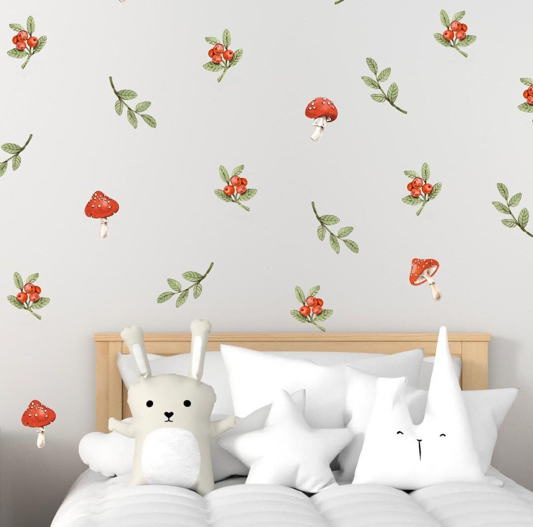 Wall stickers Greenery Leaves forest mushrooms berries decals, KL0017