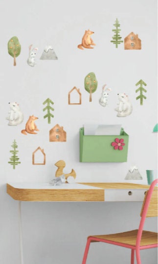Animals Wall Decals Woodland Forest Stickers Pine Tree Fox Bunny Mountain, LF205