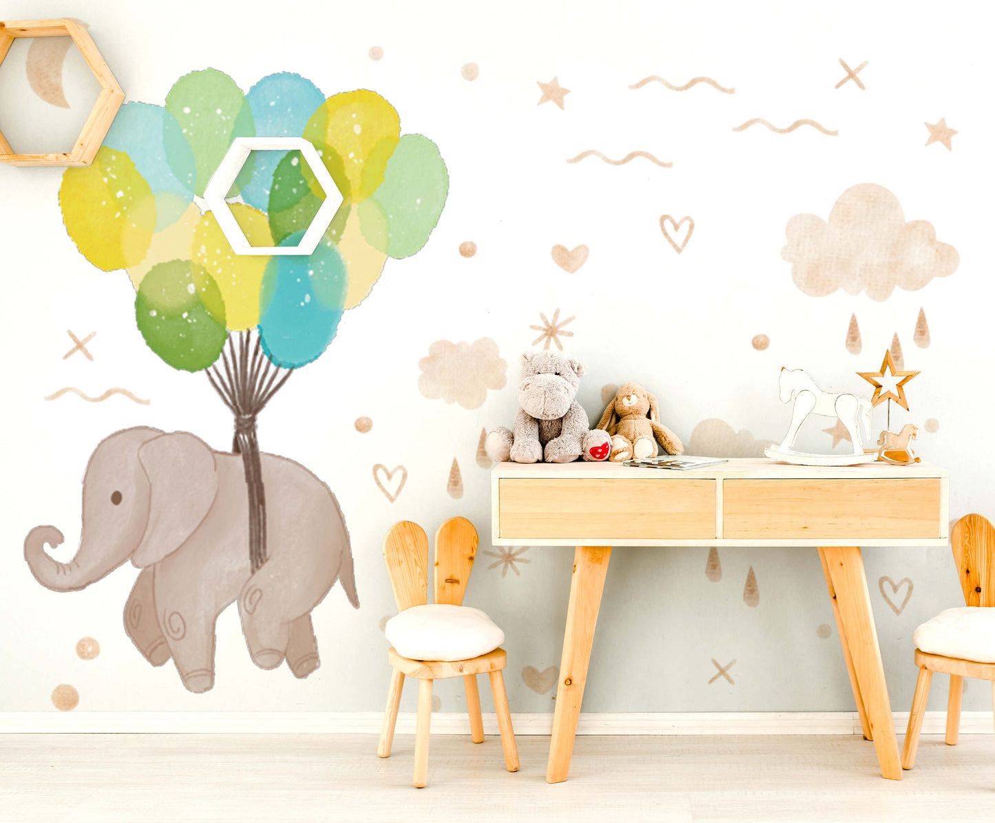 Elephant Balloons Wall Decal Clouds Moon Heart Stars Stickers, LF255