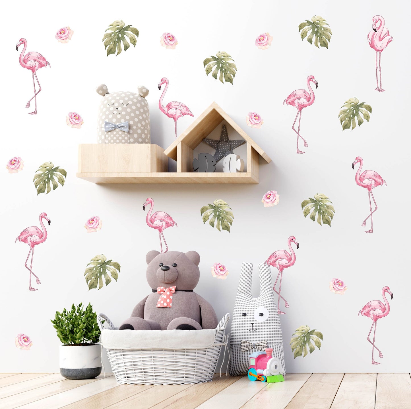 Flamingo Wall Decals Roses Leaves Monstera Stickers, KL0024