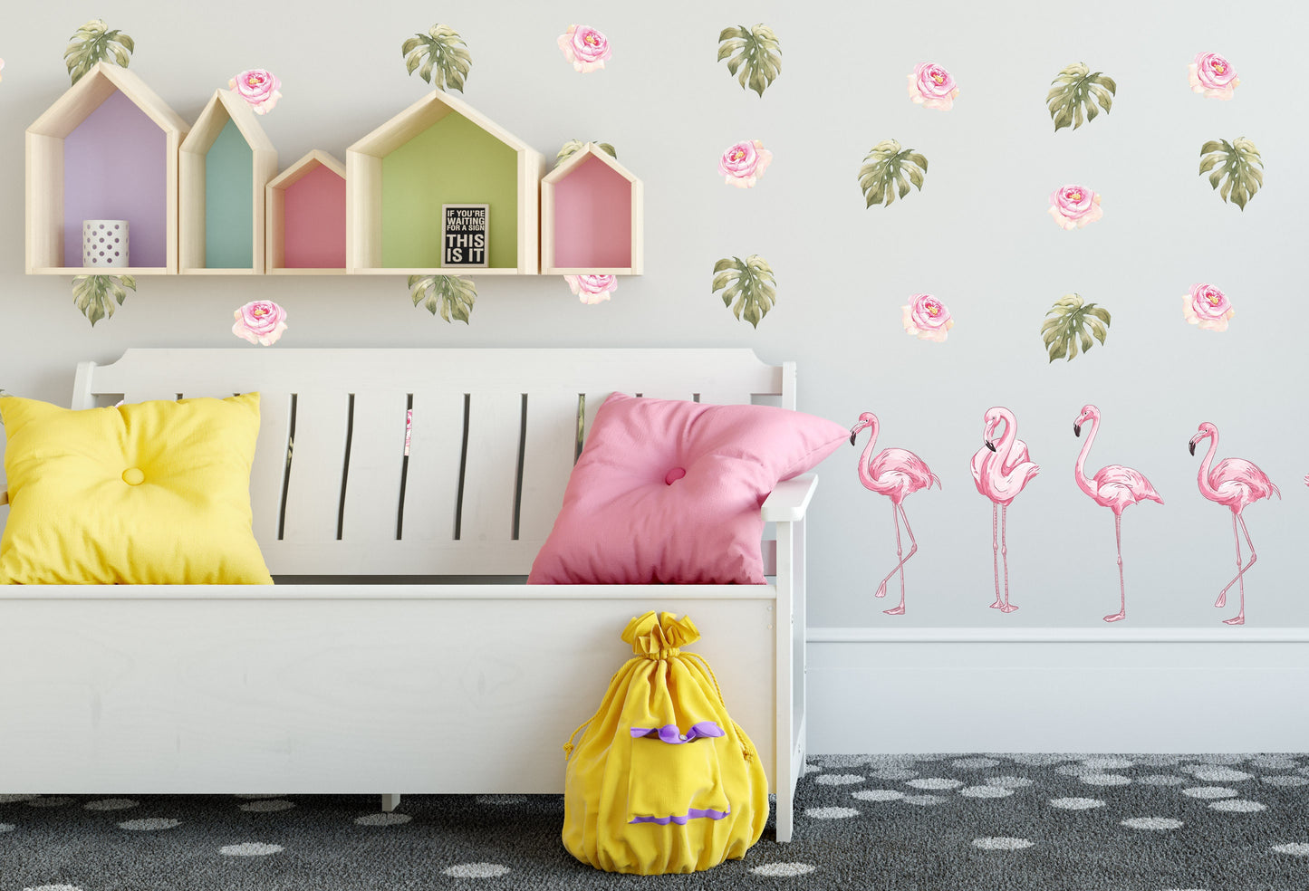 Flamingo Wall Decals Roses Leaves Monstera Stickers, KL0024
