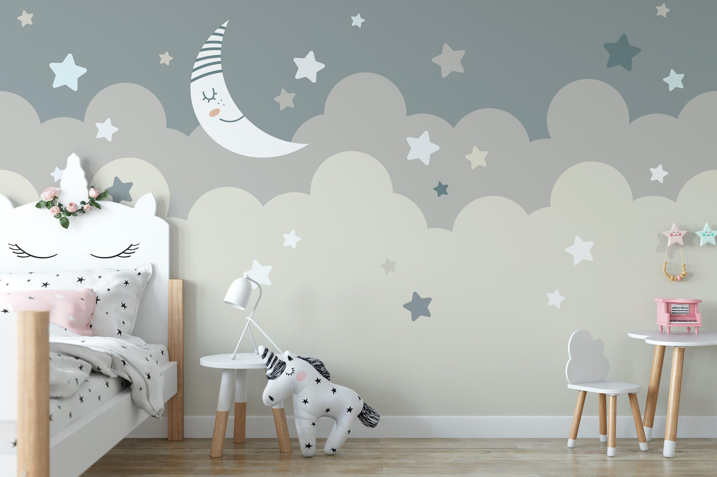 Removable Peel and Stick Wallpaper Night Sky Moon Stars Clouds Nursery  Wall Paper Wall Murals, KL0034