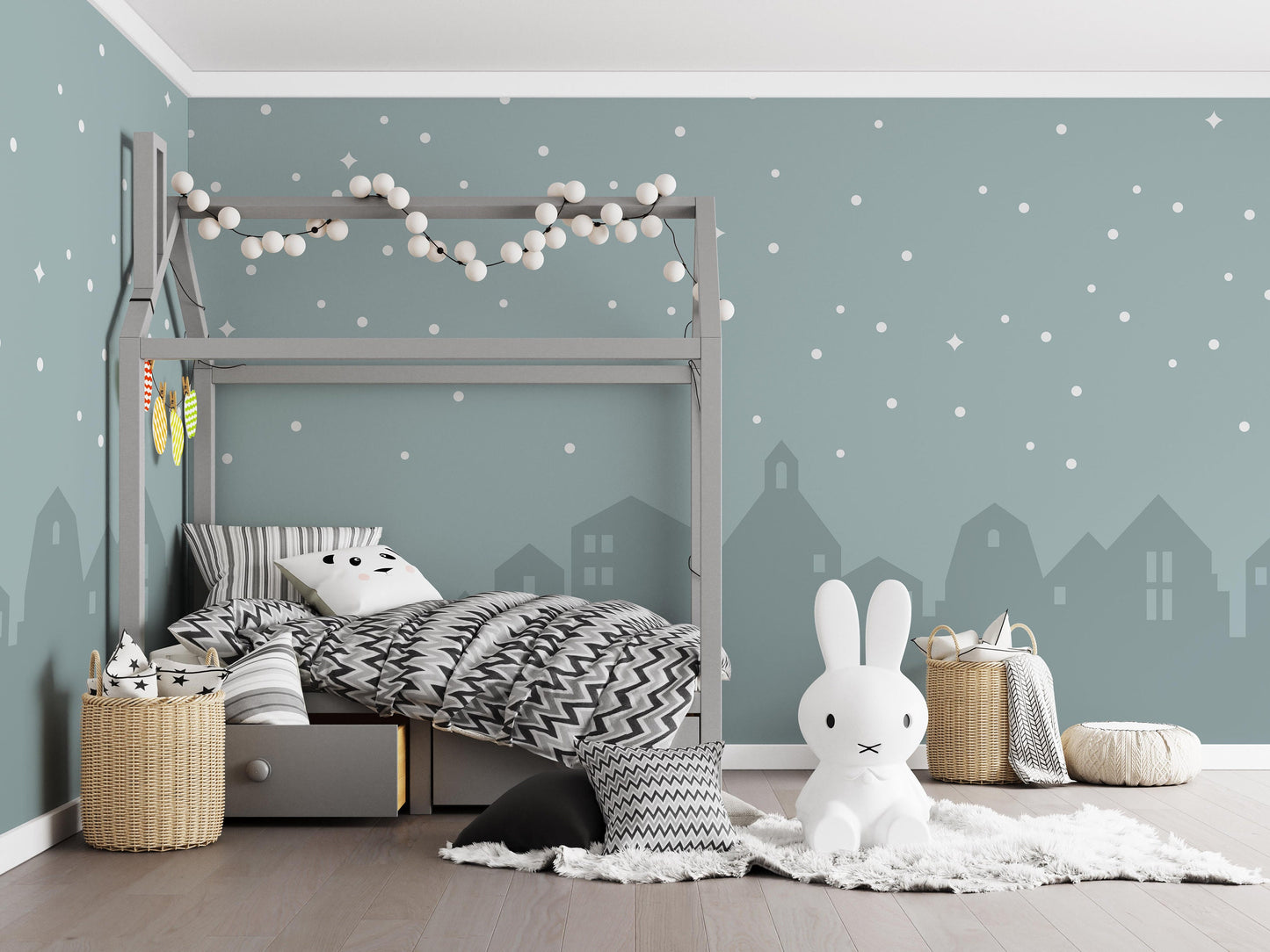 Removable Peel and Stick Wallpaper Town Houses Night Sky Nursery Wall Paper Wall Murals, KL0046