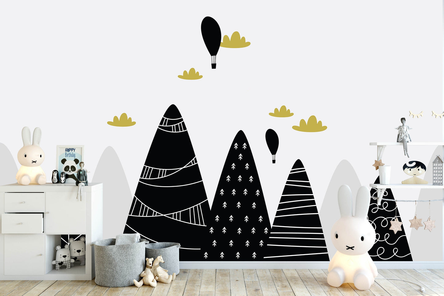 Removable Peel and Stick Wallpaper Black Mountains Air Hot balloon Sky Nursery Wall Paper Wall Murals, KL0049
