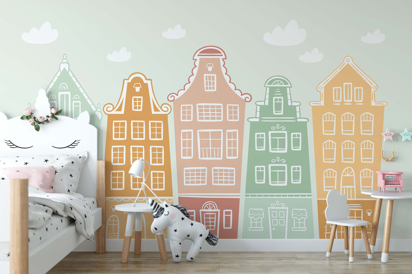 Removable Peel and Stick Wallpaper Scandi Town Nursery Wall Paper Wall Murals, KL0051