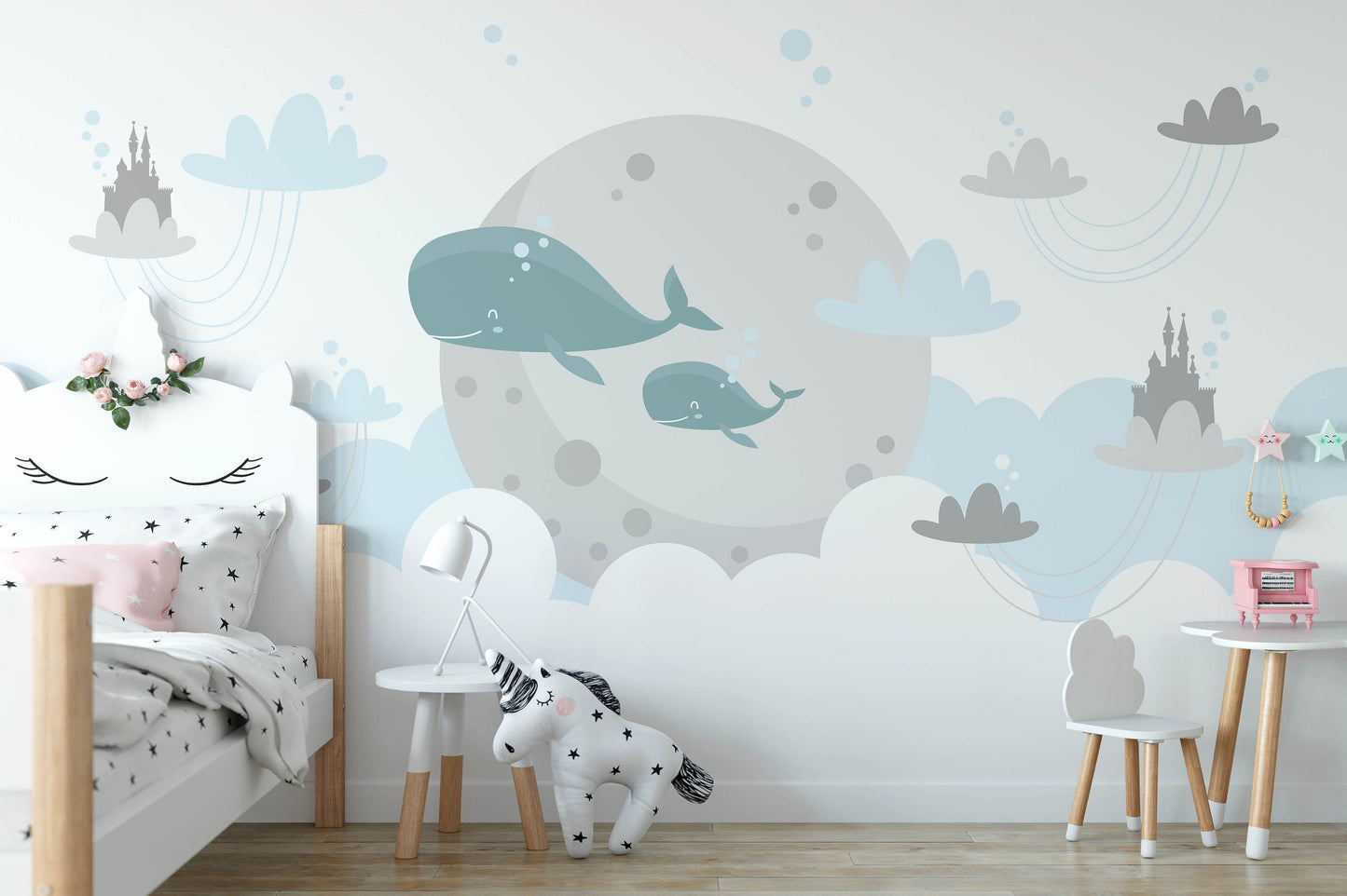 Removable Peel and Stick Wallpaper Whales Sky Clouds Wall Paper Wall Murals, KL0052