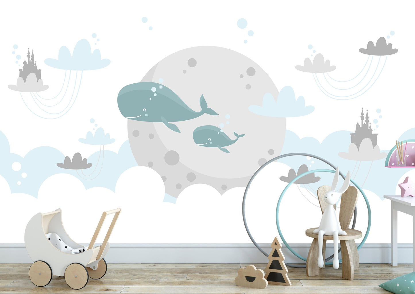 Removable Peel and Stick Wallpaper Whales Sky Clouds Wall Paper Wall Murals, KL0052