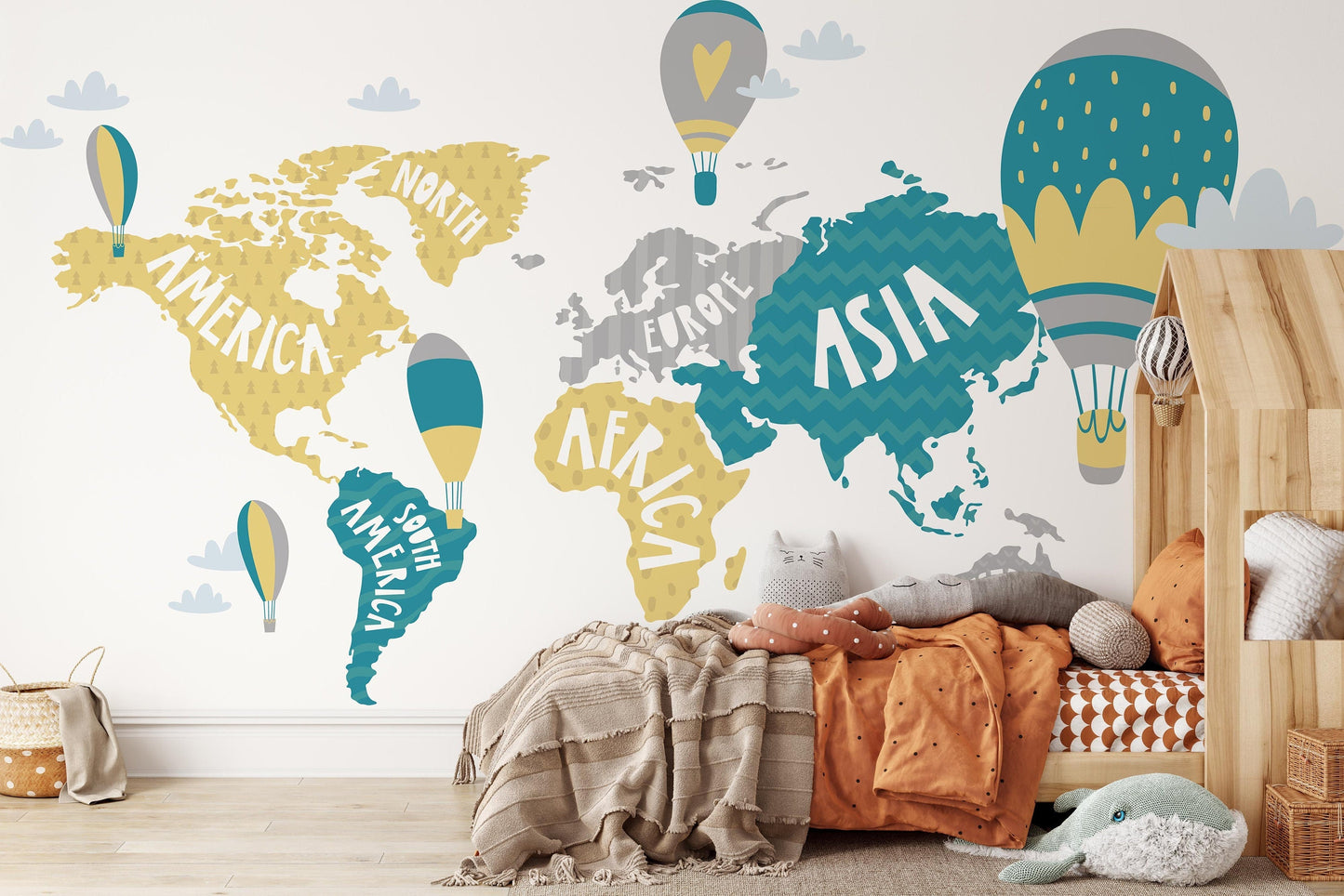 Removable Peel and Stick Wallpaper World Map Air Hot balloon Nursery Wall Paper Wall Murals, KL0050