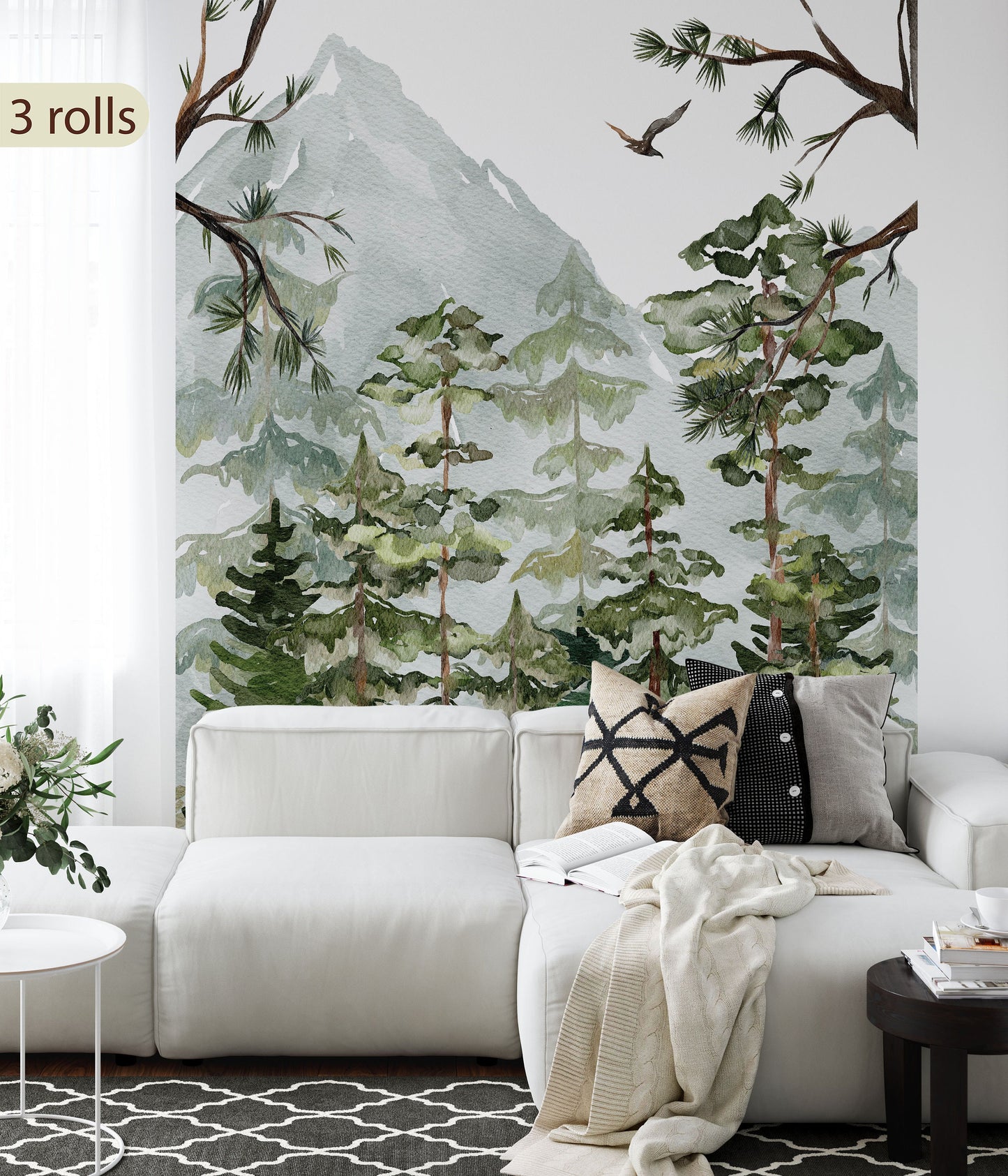 Removable Peel and Stick Watercolor Pine Tree Forest Woodland Nursery Mural Decals, WL010