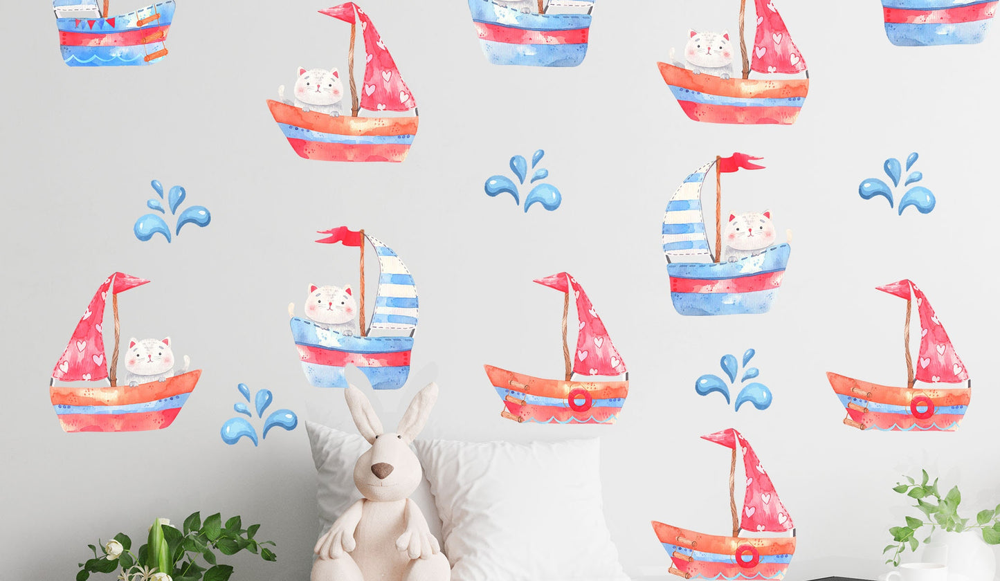 ships watercolor wall stickers cats sea decals, KL 0029
