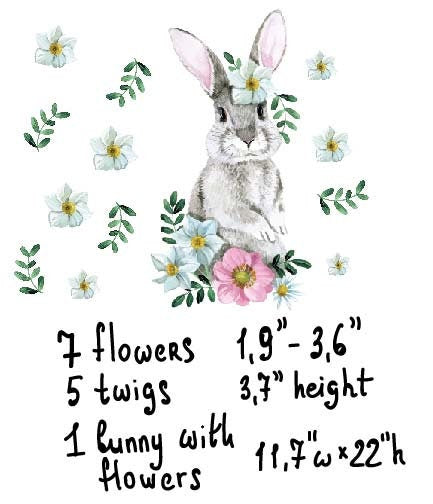 Bunny Flowers Large Wall Decal Rabbit Sticker, LF266