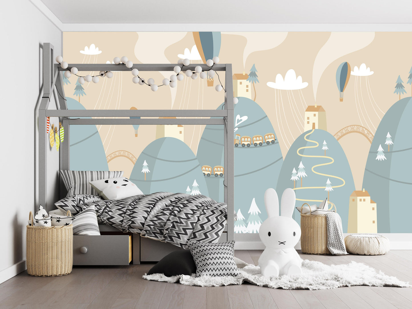 Removable Peel and Stick Wallpaper Mountains Railway Air Hot balloon Sky Nursery Wall Paper Wall Murals, KL0035