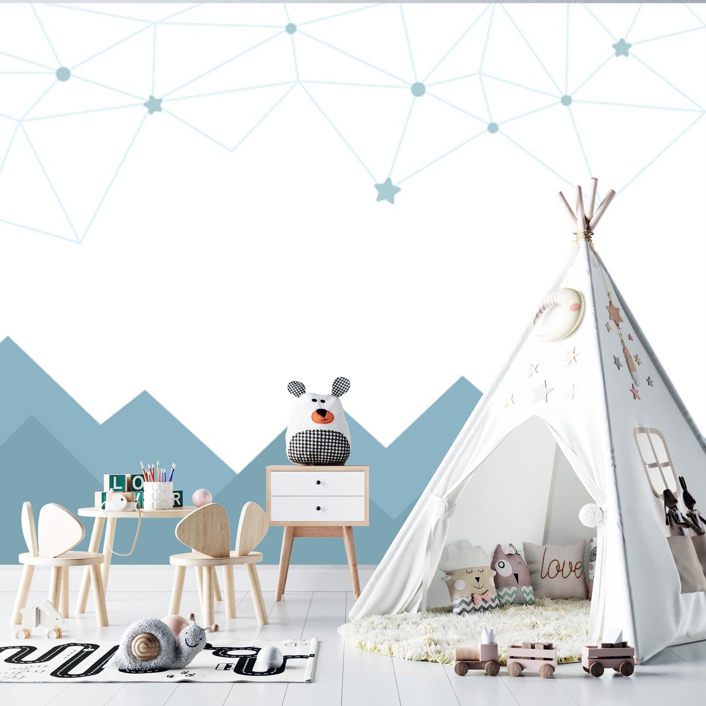 Removable Peel and Stick Wallpaper Mountains Geometric Sky Nursery Wall Paper Wall Murals, KL0041