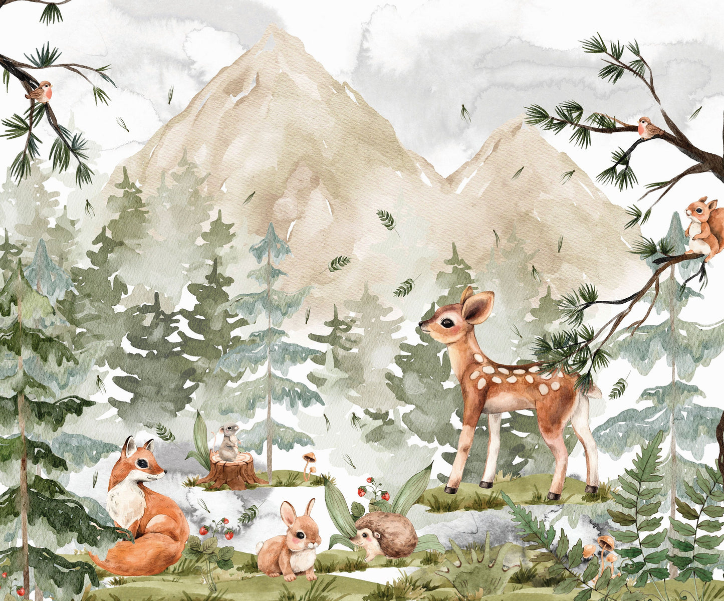 Watercolor Pine Tree Forest Peel and Stick Wallpaper Woodland Animals Wall Paper Nursery, WL012