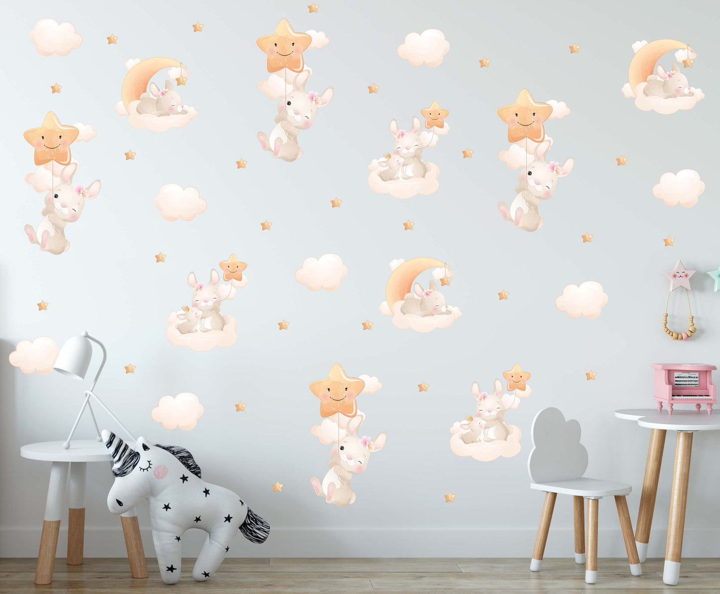 Clouds Stars Wall Decals Bunny Animal Moon Nursery Stickers, KL0066
