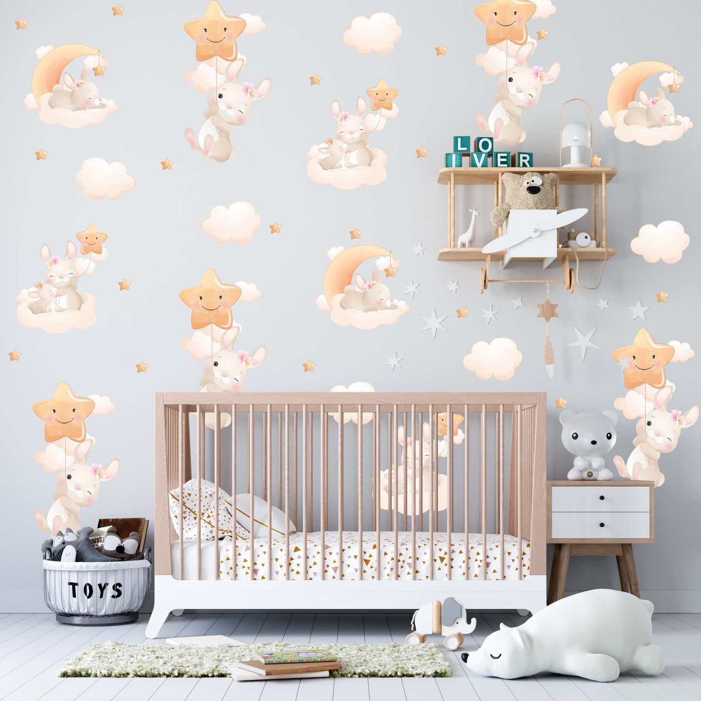 Clouds Stars Wall Decals Bunny Animal Moon Nursery Stickers, KL0066
