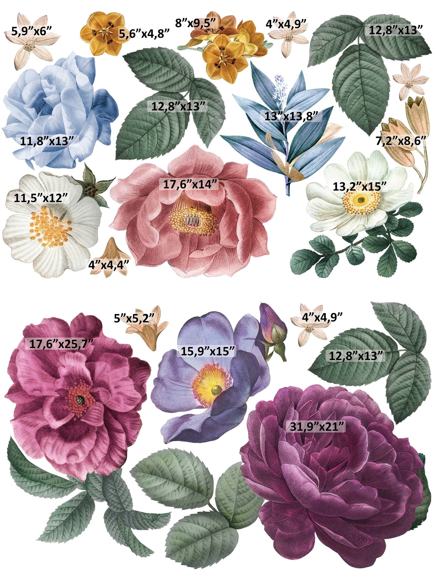 Flowers Wall Decals Peony Different Floral Stickers, LF302