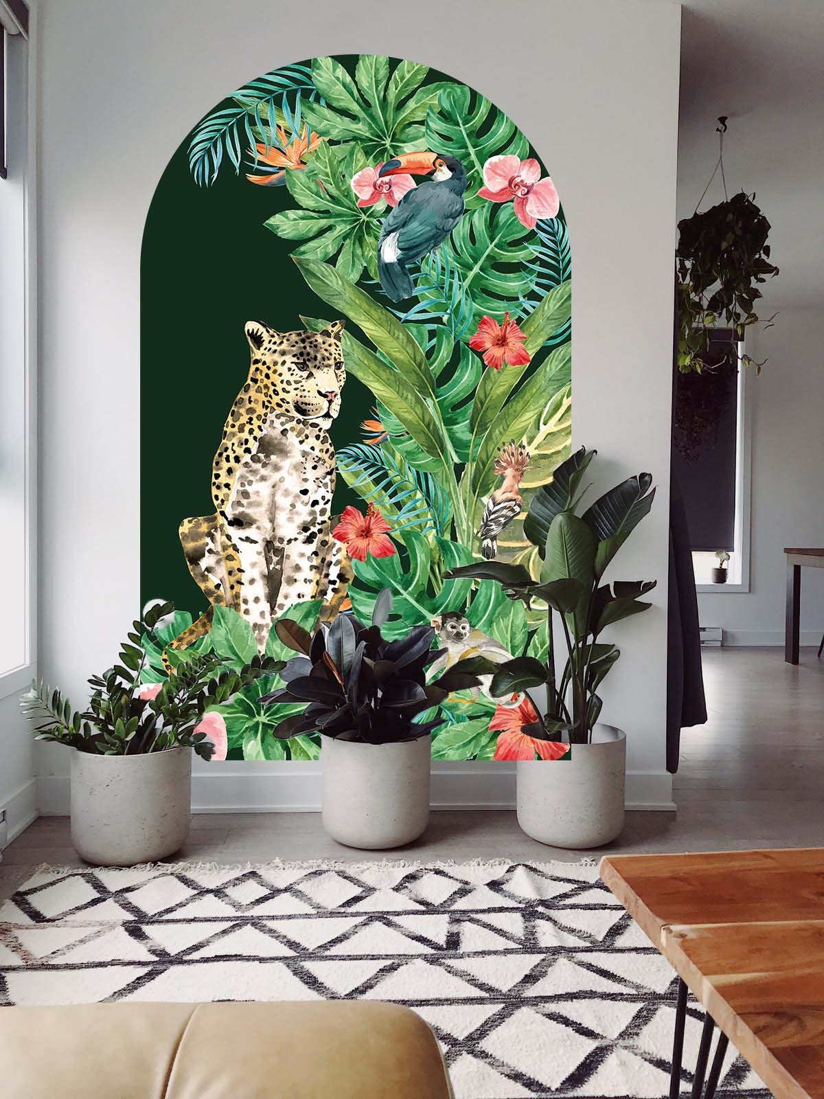 Boho Tropical Arch Large Wall Decal Cheetah Cat Flowers, LKL0069